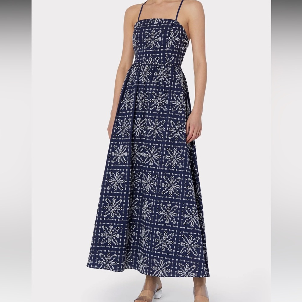 Milly Esme Tile Embroidered Eyelet Cotton Dress Navy/White size 10